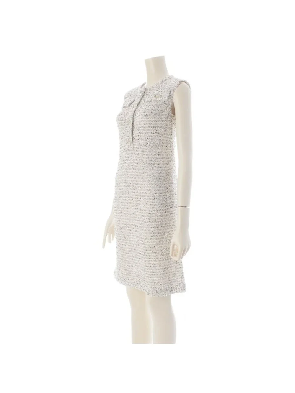 Chanel Tweed CC Logo Pearl Clear Button Sleeveless Fitted Dress White 36
